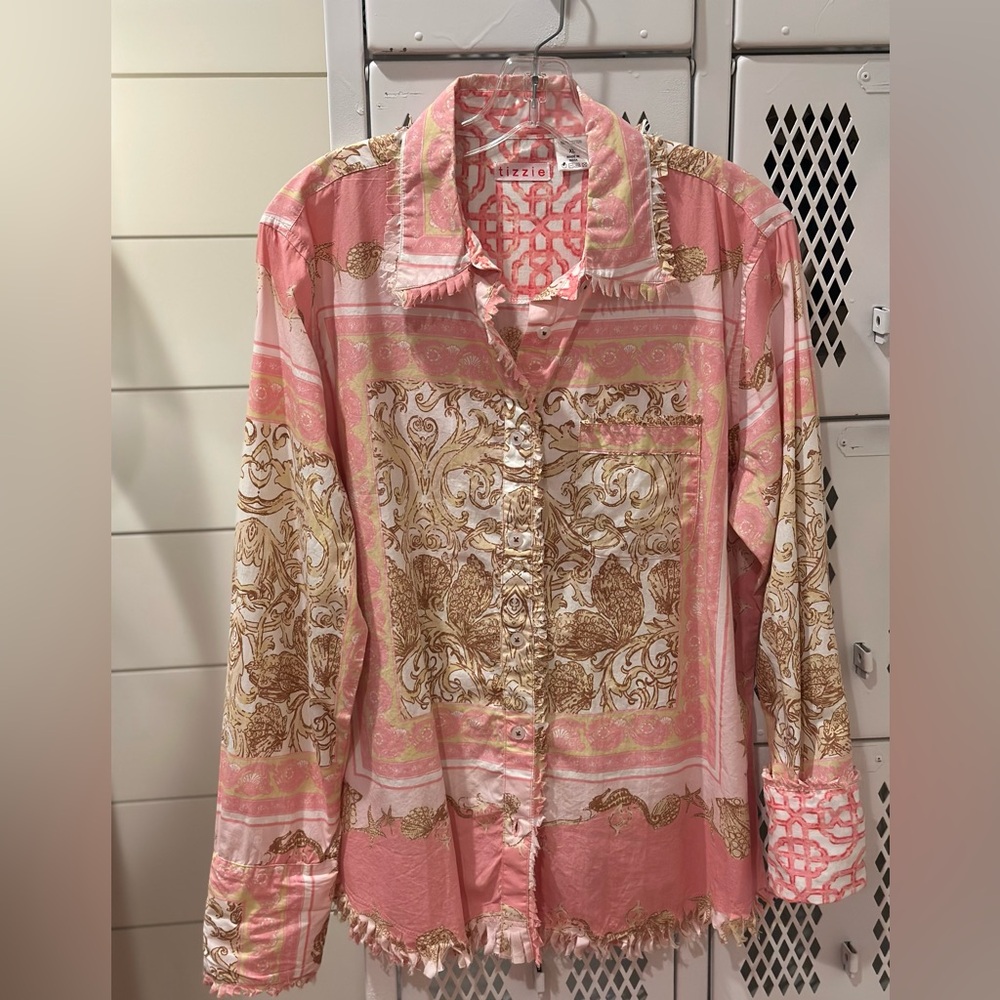 Pink and Gold Button Down Shirt with Notched Collar